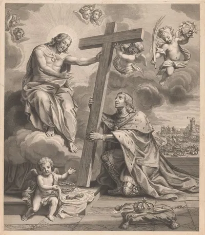 Kneeling king before Christ on a cloud, between them the cross by Франсуа де Пойи — digital art print download