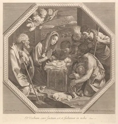 The adoration of the shepherds who kneel together at right before the infant Christ by Франсуа де Пойи — digital art print…