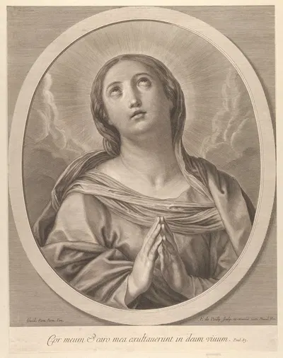 The Virgin in prayer, looking up with clouds behind her, in an oval frame, after Reni by Франсуа де Пойи — digital art…
