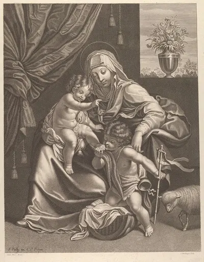 The Virgin seated with the infant Christ on her lap, the young Saint John the Baptist kneeling on Christ's cradle and…