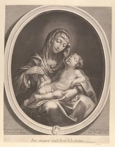The Virgin seated with the infant Christ sleeping in her lap, in an oval frame, after Reni by Francois de Poilly — digital…