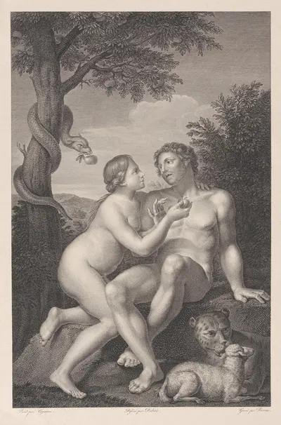 Adam and Eve, seated on a rock, with a serpent coiled around a tree at left and a lion and a lamb at right by Jean Antoine…