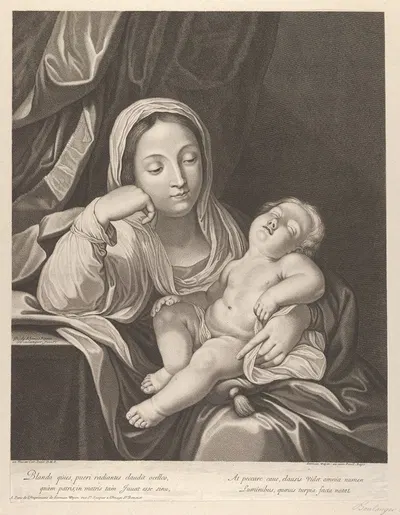 The Virgin seated with her head resting on her right hand, holding the sleeping infant Christ on her lap, after Reni by Жан…