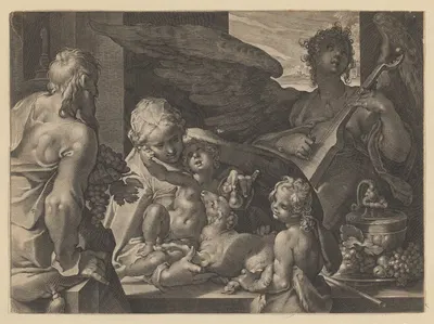 Holy Family with John the Baptist and Angel by Лукас Килиан, 1605 — digital art print download