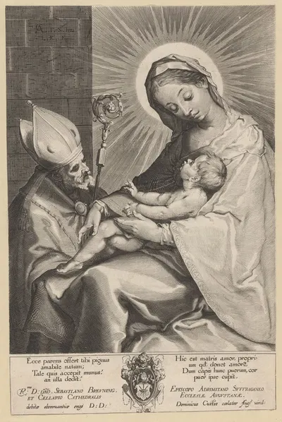 Mary and Child Adored by a Bishop by Лукас Килиан — digital art print download