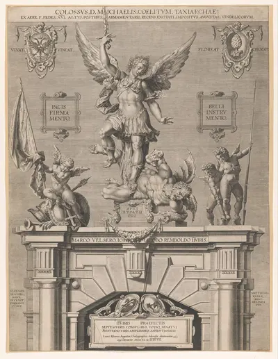 Sculpture of the Archangel Michael above the entrance to the arsenal in Augsburg by Lucas Kilian, 1607 — digital art print…