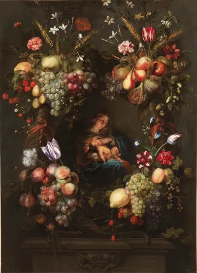 The Virgin Mary and the Child Jesus in a wreath of flowers and fruits by Frans Ykens, 1615-1693 — digital art print download