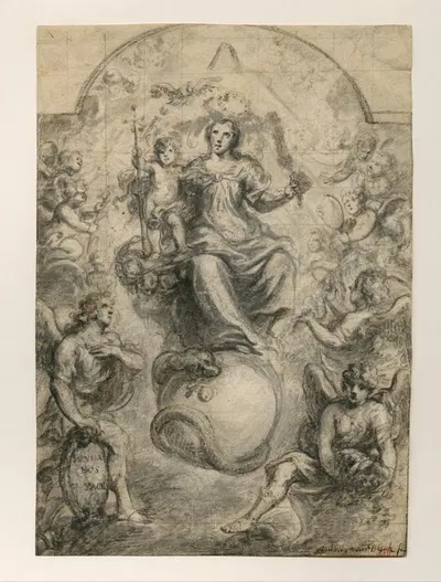 Virgin with the child Jesus, surrounded by angels by Philip Fruytiers, 1652-1661 — digital art print download