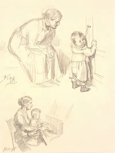 To figurstudier. Øverst en siddende kvinde som iagttager et barn ved en dør; nederst en kvinde med et banr ved klaveret by…