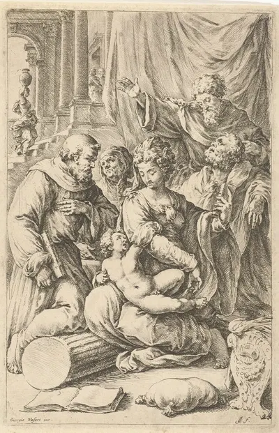 Mary with child, Joseph, Saint Anne and two male saints by Jan de Bisschop, 1666-1671 — digital art print download