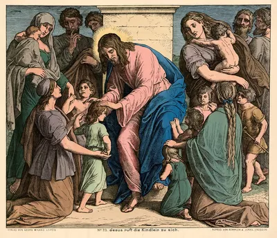 Jesus ruft die Kindlein zu sich (Jesus calls the children to him) by Julius Schnorr von Carolsfeld, 1888 — digital art…