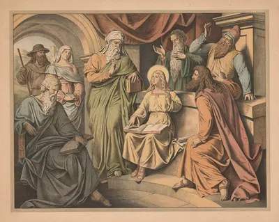 Jesus at age 12 in the temple by Lith. Anstalt v. Müller & Eismann, 1910 — digital art print download