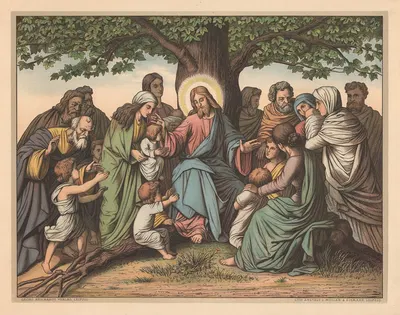 Jesus blesses the little children by Lith. Anstalt v. Müller & Eismann, 1910 — digital art print download