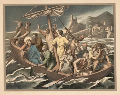 Jesus sleeps during the storm on the lake by Lith. Anstalt v. Müller & Eismann, 1910 — digital art print download