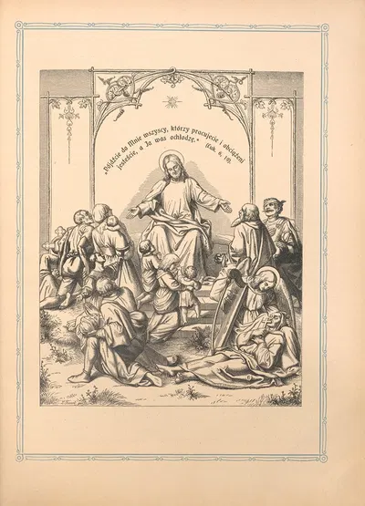 Pójdżeie do Mnie wszyscy który pracujecie i obciażeni jestescie, a Ja Was ochłodzę by Otto Bitschnau, 1912 — digital art…