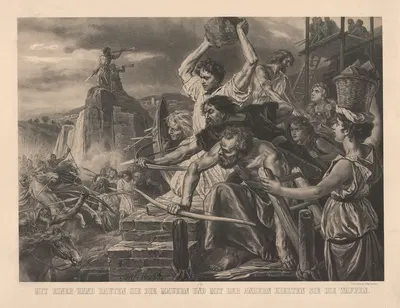 With one hand they built the walls and with the other they held their weapons. by Fritz Roeber, 1888 — digital art print…