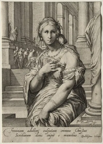 The Woman Taken in Adultery by Jan Saenredam, c. 1595 — digital art print download