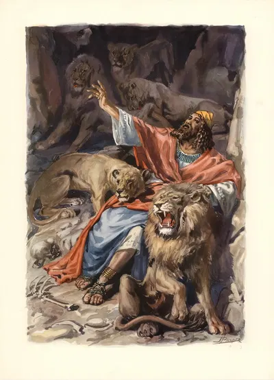 Daniel in the lion's den by J. Pander, 1953 — digital art print download