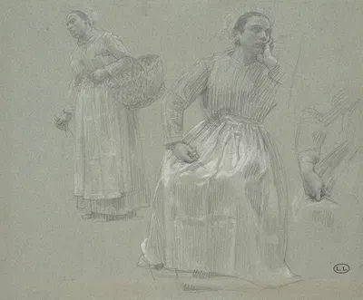 Study of Two Women,One Seated and One Holding a Basket by Léon Augustin Lhermitte, 1879 — digital art print download