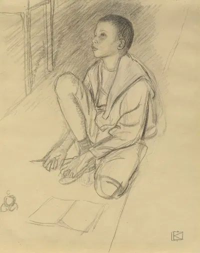 The Artist's Son Wolf Crouching on the Floor by Леопольд фон Калькреут, 1900 — digital art print download