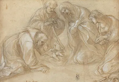 The Nativity with Saints Francis and Agnes by Лудовико Караччи, c. 1605 — digital art print download