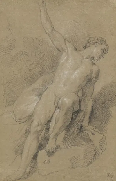 Male Nude Seated on Rocks by Louis de Boullogne the Younger, c. 1710 — digital art print download