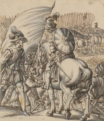 Ein Fähnrich im Gespräch mit einem bewaffneten Reiter by Niklaus Bock — digital art print download