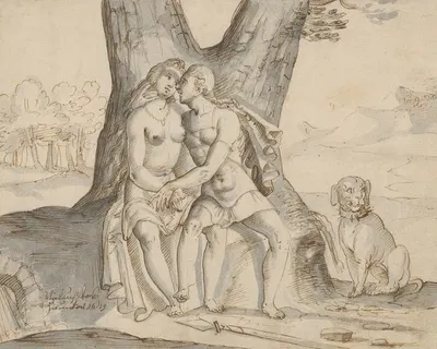 Mythologisches Liebespaar unter einem Baum by Niklaus Bock, 1619 — digital art print download