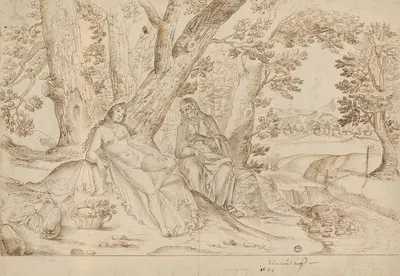 Nacktes Mädchen und alte Frau im Wald by Niklaus Bock, 1620 — digital art print download