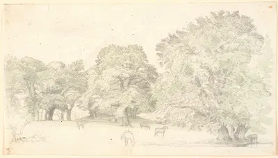 Heste på en lysning ved store egetræer. Sandsynligvis Dyrehaven by П. К. Сковгорд, 1872 - 1873 — digital art print download
