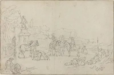 An Elegant Hunting Party Resting by a Fountain by Питер Бут, 1685 — digital art print download