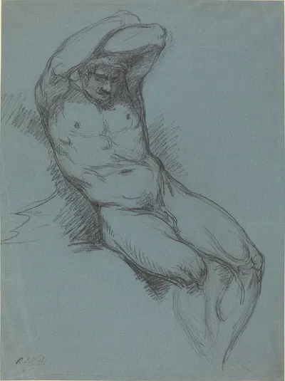 A Seated Male Nude with His Hands Crossed over His Head by Raphael Lamar West — digital art print download