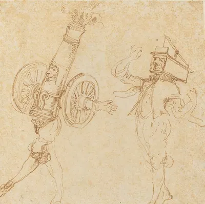 Two Men in Masquerade Costumes – A Cannon Firing and a Cat Inside a Mousetrap by Stefano Della Bella, c. 1645 — digital art…