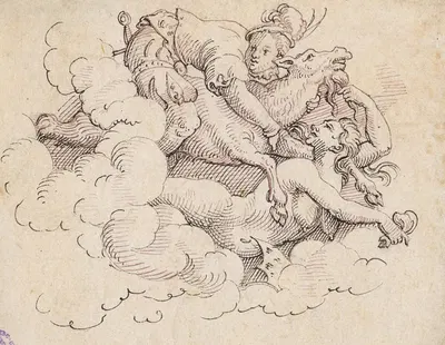 Eine fliegende Hexe entführt einen jungen, auf einem Ziegenbock reitenden Junker by Virgil Solis — digital art print download
