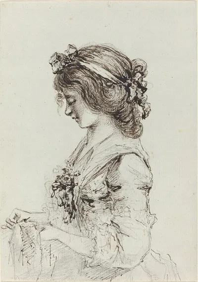 A Young Woman Sewing (recto) by Vivant Denon, c. 1790 — digital art print download