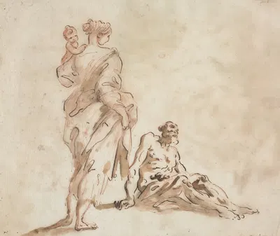 A Standing Woman Holding a Child, a Seated Male at her Feet by Алессандро Маньяско — digital art print download