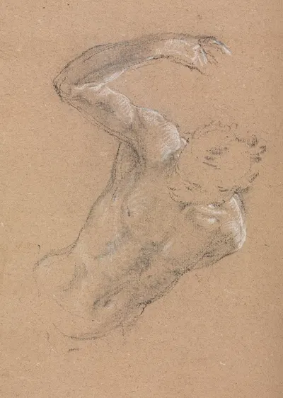 Verona Sketchbook :Male nude with upraised right arm (page 32) by Франческо Лоренци, 1760 — digital art print download