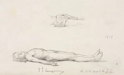 Sketch of the Dead Christ, and Detail Sketch of Loincloth by Жюль-Эжен Ленепвё — digital art print download