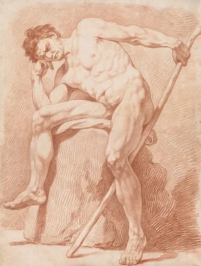 Academy of a Seated Nude Holding a Staff by Эдме Бушардон — digital art print download