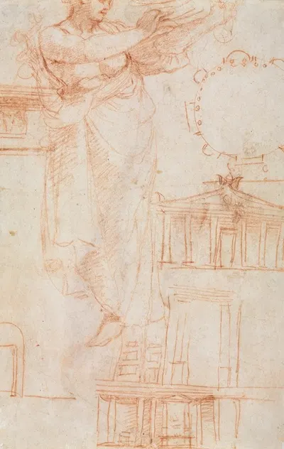 A Draped Female Figure (possibly an Amazon) and Architectural Studies (verso) by Корреджо, c. 1525 — digital art print…