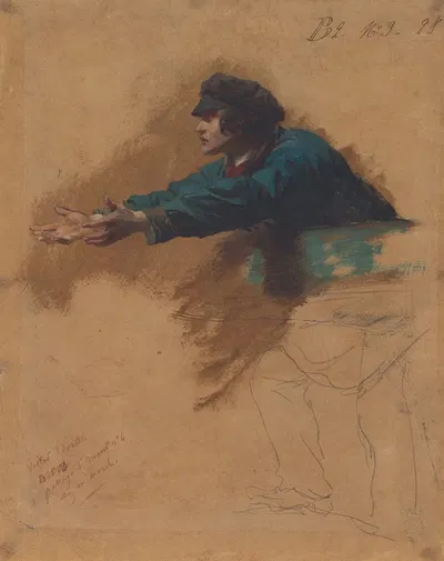 Young Man Leaning Forward with Outstretched Arms (Study for Soldiers Distributing Bread to the Poor) by Исидор Пильс, c.…