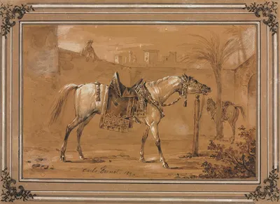 Saddled Arabian Horse in Courtyard by Карл Верне, 1820 — digital art print download