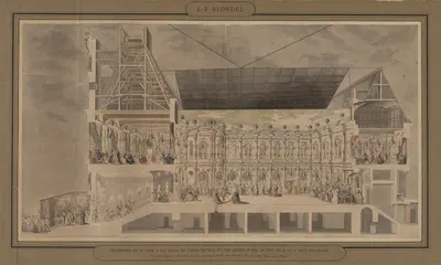 Cross Section of the Hôtel de Ville Seen in Perspective Showing the Decoration and Illumination of the Courtyard and Rooms…