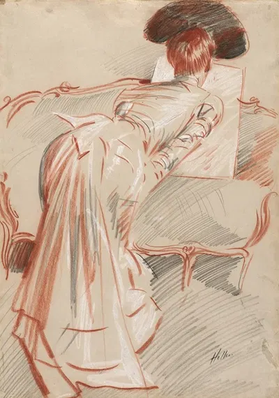 Woman (Possibly Madame Alice Hellu) Looking at a Drawing by Поль Сезар Элью, c. 1895 — digital art print download