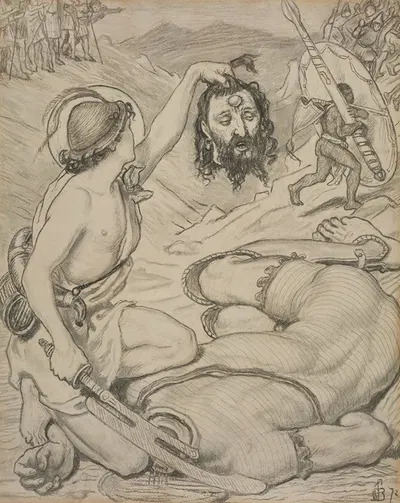 David and Goliath, Cartoon for Stained Glass Window at Jesus College, Cambridge by Форд Мадокс Браун, 1872 — digital art…