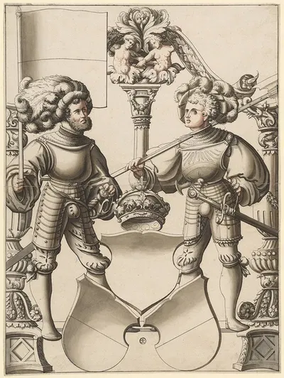 Scheibenriss mit Fähnrich und Halbartier als Schildbegleiter und Standeswappen (Freiburg oder Solothurn) by Карл фон…