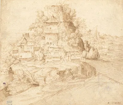 A Village Nestled at the Foot of a Hill (recto) by Circle of Giorgione (Giulio Campagnola), 1509-1515 — digital art print…