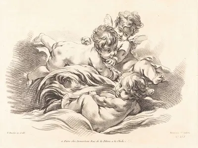 Three Cherubs Playing on Dolphin Like Wave by Жиль Демарто старший — digital art print download