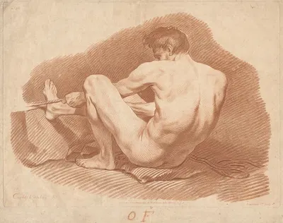 Seated Nude Man, Seen from Behind, Pulling a Rope by Жиль Демарто старший, c. 1760 — digital art print download