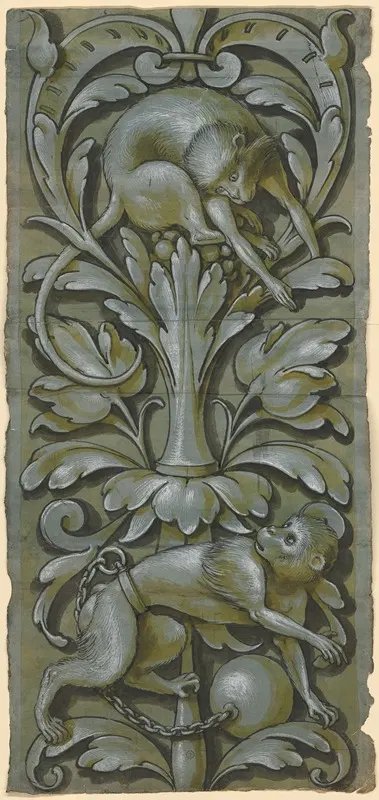 Ornamentfüllung mit zwei Affen im Blattrankenwerk by Ганс Бок старший, 1570 — digital art print download